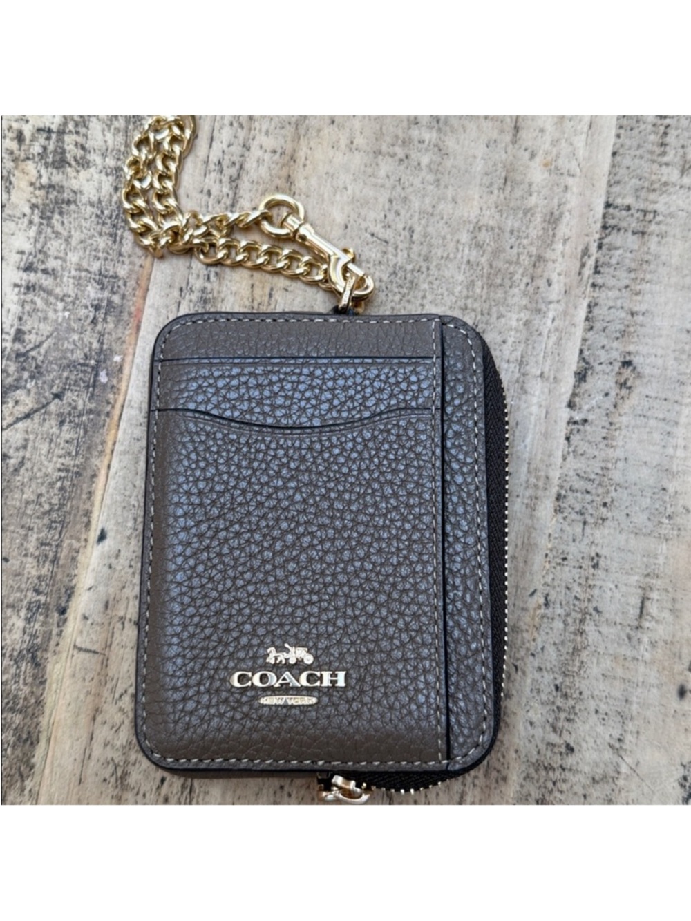 Coach taupe Leather Card Holder with Gold Chain